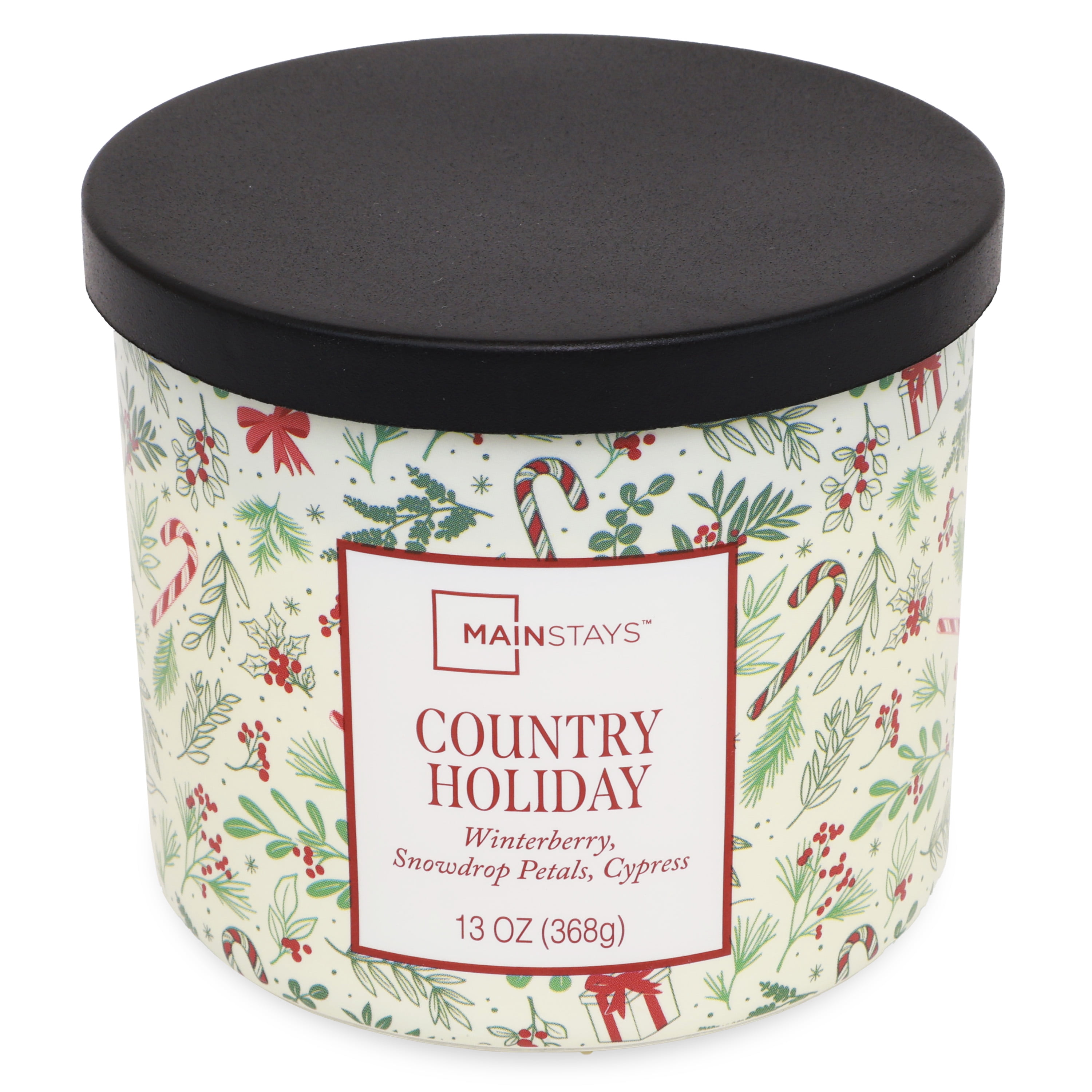 Mainstays 3-Wick Country Holiday Scented Candle with a White Garland Toss Scene Wrap, 13-Ounce