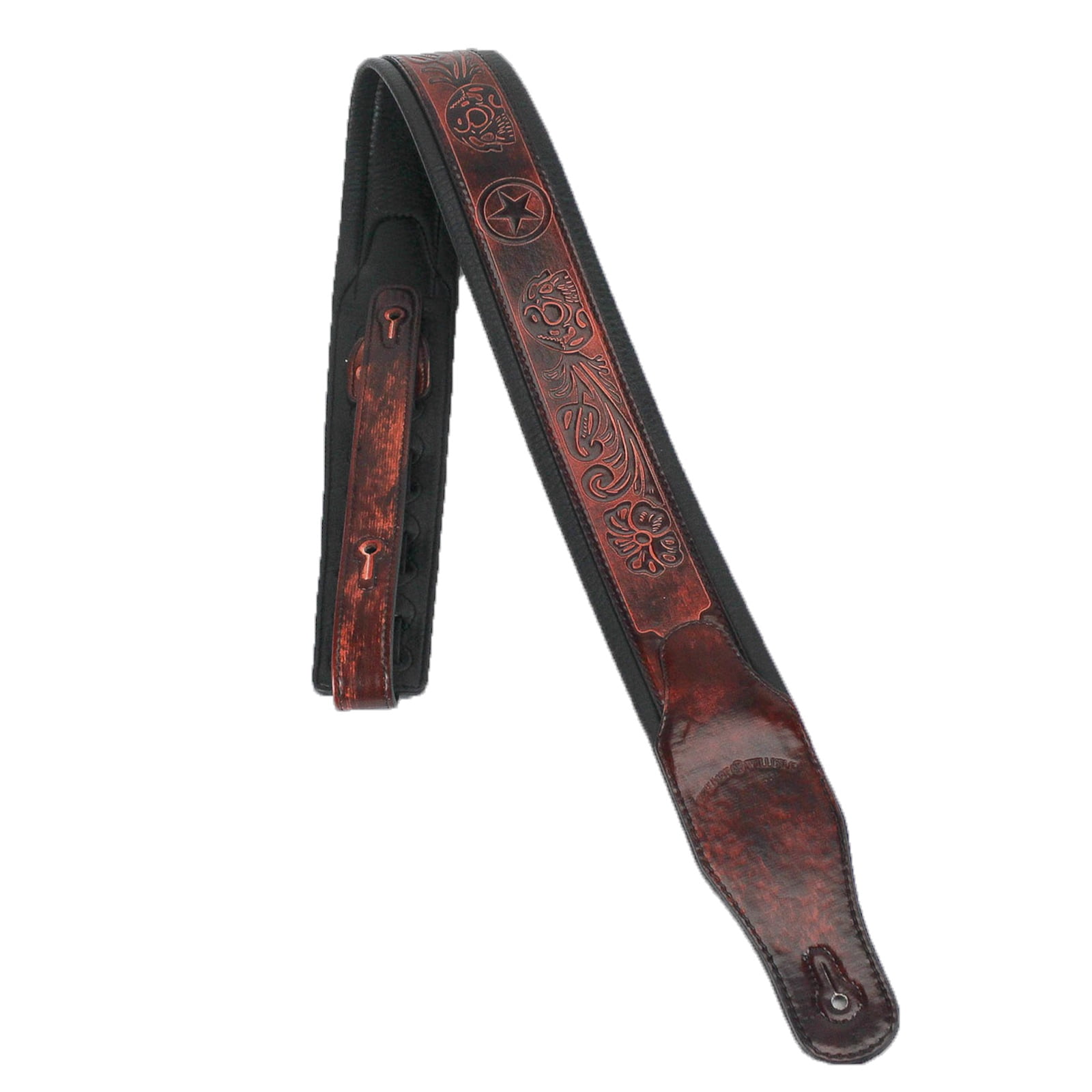 Walker & Williams GB-126 Bourbon Brown Padded Guitar Strap Texas Stars & Skulls