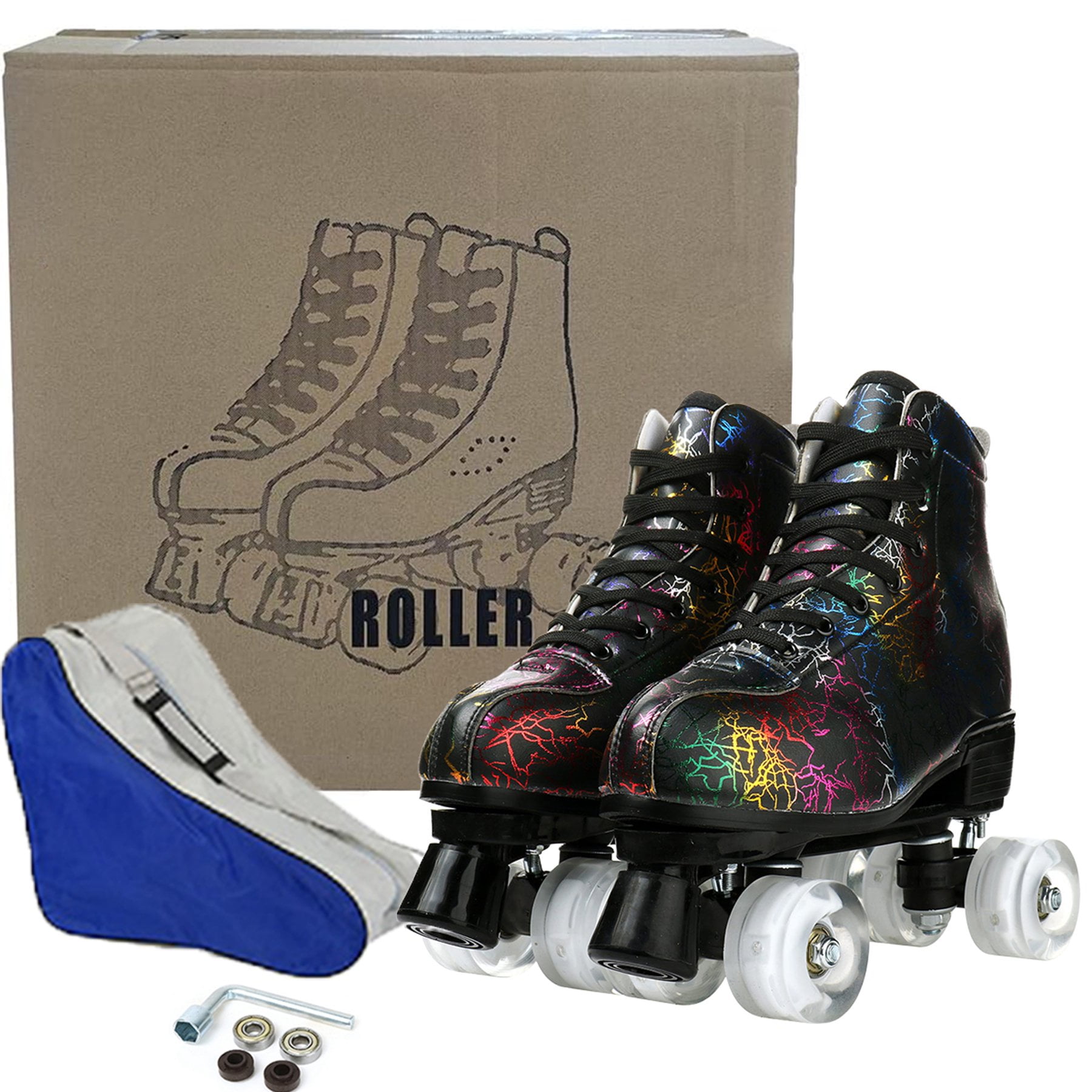 EONROACOO Boys Girls Roller Skates for Kids Teen, Light up Black Double Row Skates(Youth 4/Women's 4.5/Men 4)