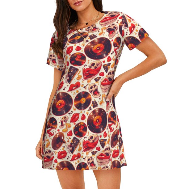 Fotbe Skull rock record music heart Bata de Dormir para Mujer con Estampado, Camisón de Algodón de Manga Corta, Ropa de Dormir Casual