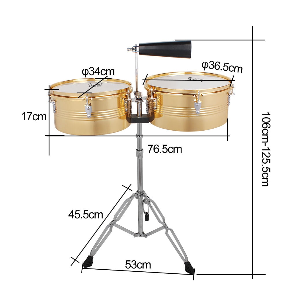 13" & 14" Timbales Drum Set with Stand and Cowbell Golden