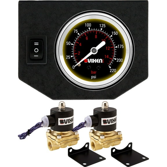 Vixen Air 3/8" NPT Electric Air Valve (Solenoid) 210PSI 12V (2-Pack) with 1 Single Needle Gauge/1 Switch Dash Panel Kit Black VXF0G2038B