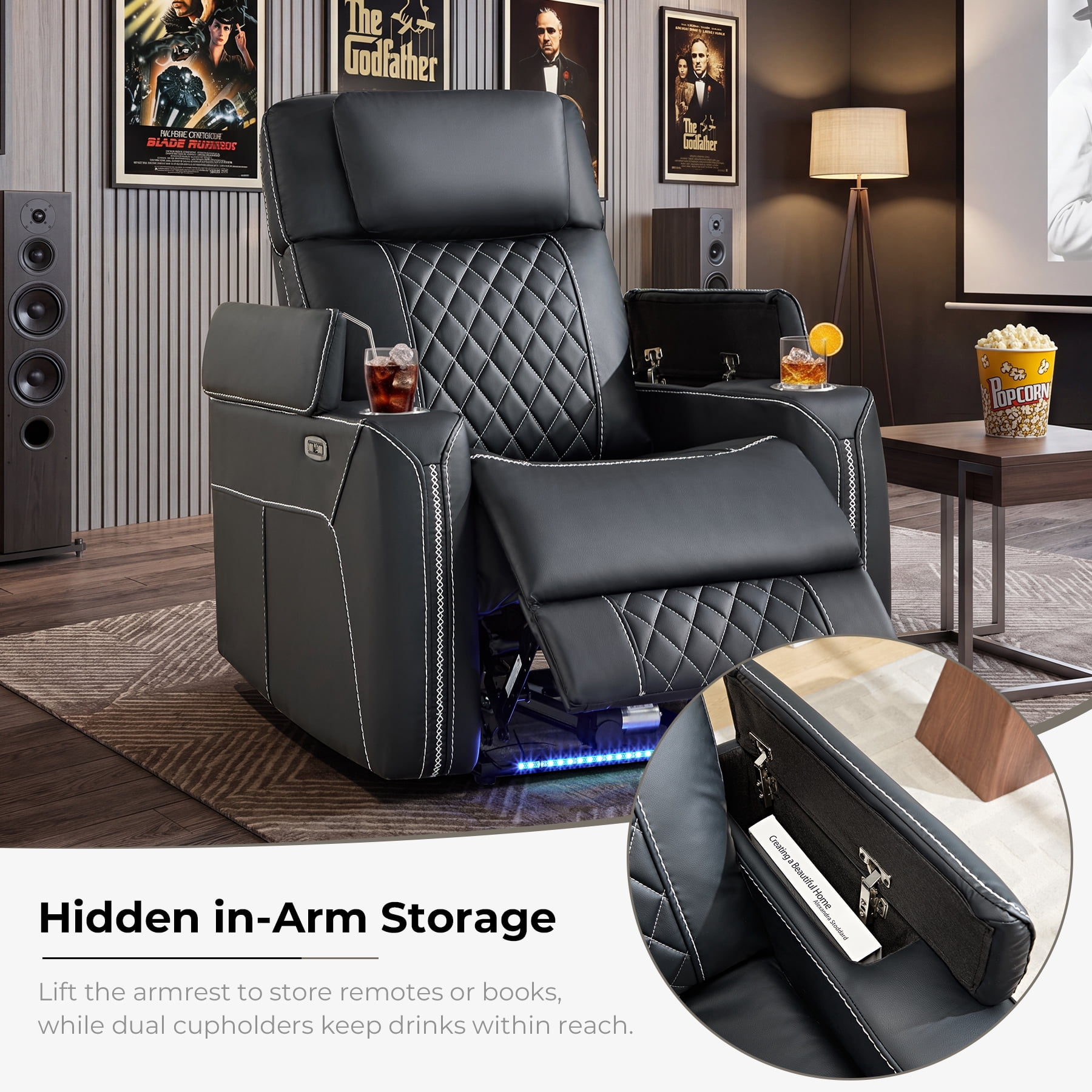 Ebello Dual Motor Power Recliner Chair with Adjustable Headrest, Faux Leather Electric Reclining Chair with LED Light Strip, USB Port, Cup Holders & Hidden Storage for Home Theater, Black