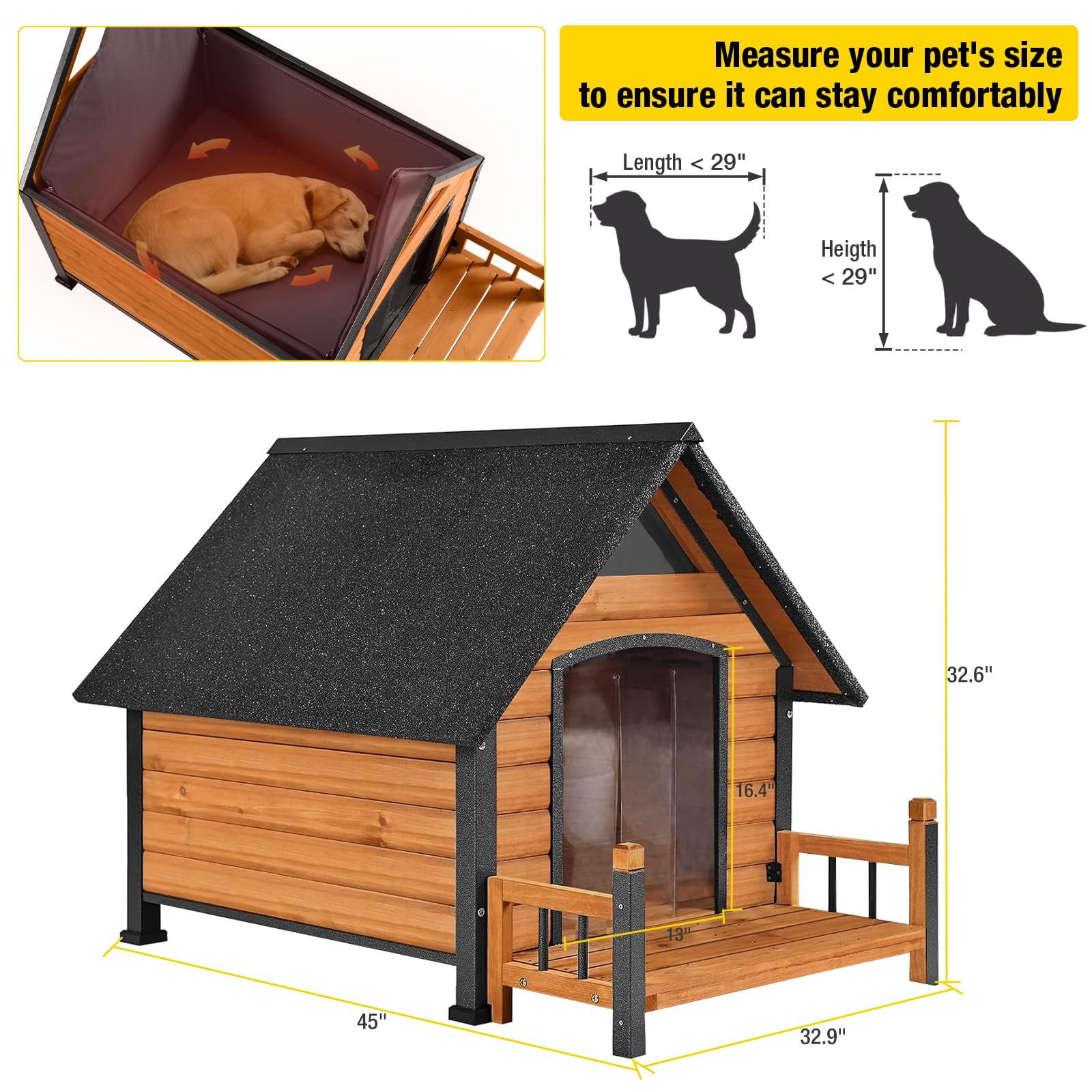 Insulated Dog House for Large Breeds, Weatherproof Outdoor Kennel with Anti-Chew Iron Frame, Spacious Shelter for Multiple Pets, 50.87" L x 45" D x 32.9" W x 32.6" H, Brown