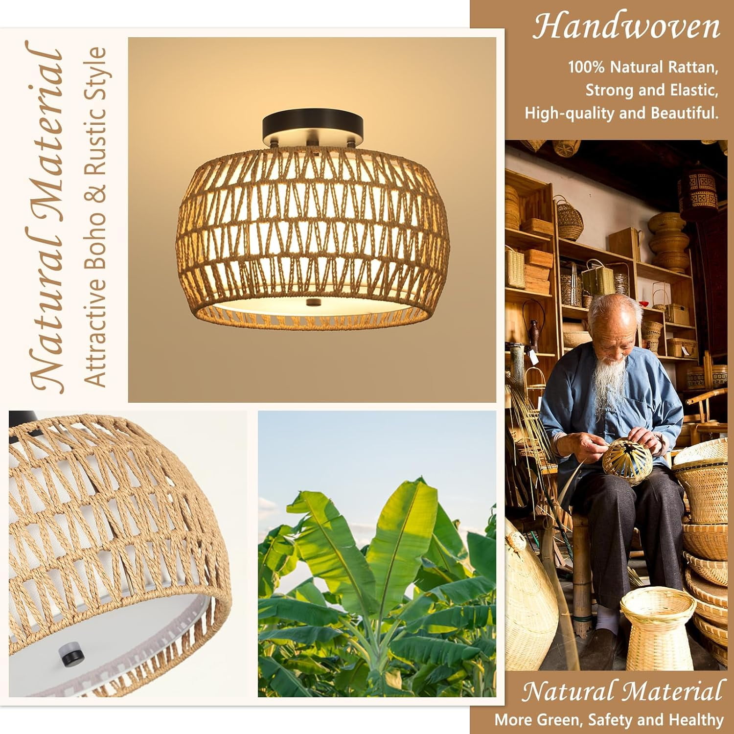 Boho Style Ceiling Light with Rattan Shade - Farmhouse Inspired Semi Flush Mount Fixture for Kitchen, Living Room, Bedroom and Hallway