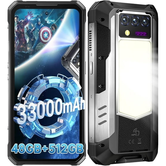 OUKITEL WP100 Titan Rugged Smartphone 5G - 33000mAh Rugged Phone with Projector, 48GB 512GB Unlocked Android 14 Cell Phones with 1200 Lumens Camping Light, 6.8'' FHD 120Hz Smartphone, 200MP, Black