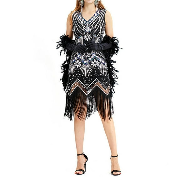 Roaring 20s Dresses for Women 1920s Flapper Dress Plus Size Beaded Tassel Sequin Vintage Dress Party Cocktail Prom Gowns Silver XXXL