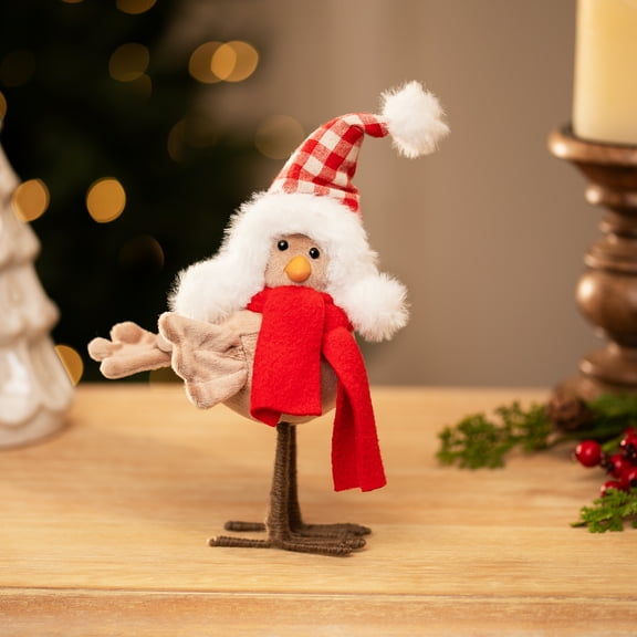Right Facing Standing Bird with Scarf and Plaid Hat Christmas Figure - 8.5"