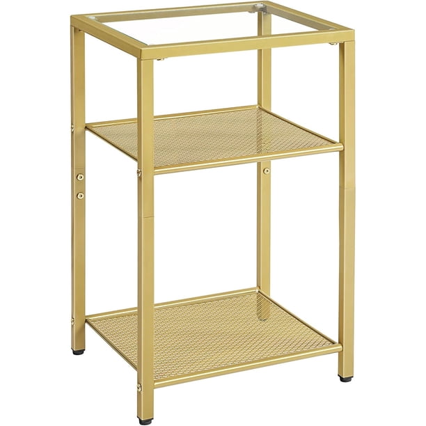 Mesa auxiliar, mesita de noche delgada de 3 niveles con estantes de almacenamiento, mesa auxiliar moderna, mesita de noche de vidrio templado, para sala de estar, dormitorio, dorada GD77BZ01
