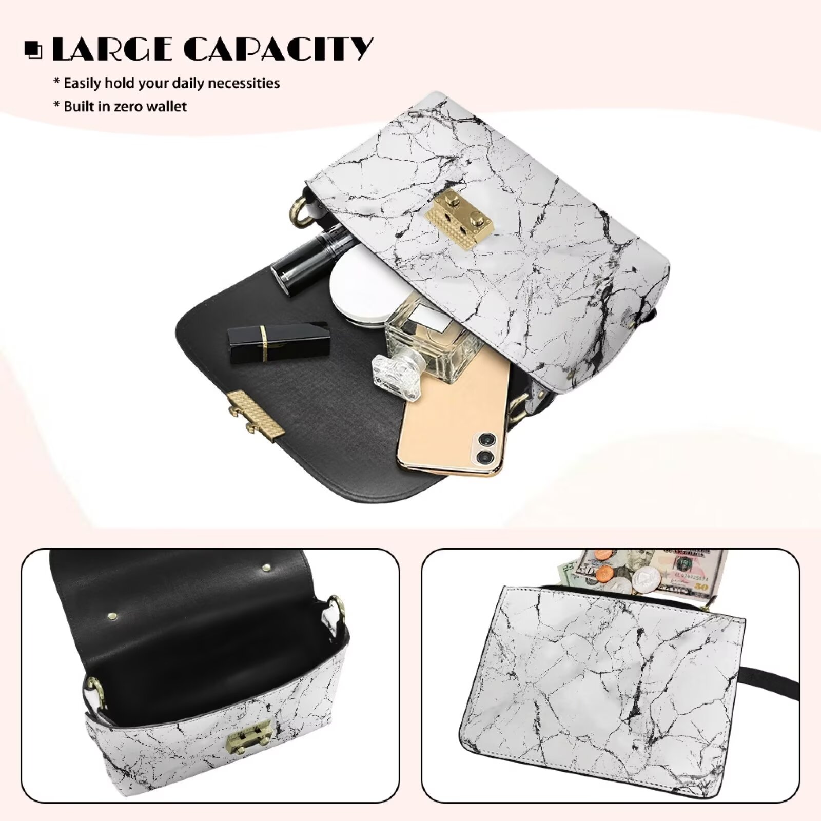 Pzuqiu Black White Marble Crossbody Bags Leather Women Exquisite Craftsmanship Leather Quilted Shoulder Bag with Chain Strap Practical Functional for Daily Use and Travel