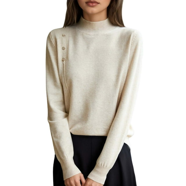 Fgnfyis Womens Sweaters Button Front Knit Pullover Soft Comfortable Loose Fit Turtleneck Top Fall Winter Casual Beige XXL