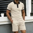 thumbnail image 2 of 2 Piece Casual Set for Men Knit Quarter Button Shirt with Shorts Half Zip Collared Top Drawstring Shorts Summer Matching Tracksuit L, 2 of 5