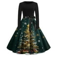 thumbnail image 4 of Christmas Dresses for Women Women's Fashion Round Casual Slim Fit Christmas Print Large Swing Long Sleeve Dress for Holiday Party,Dark Green,L, 4 of 5
