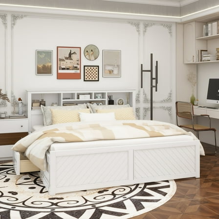King Size Wood Platform Bed with Multi-storage Headboard, USB and Drawers, White