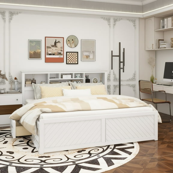 King Size Wood Platform Bed with Multi-storage Headboard, USB and Drawers, White
