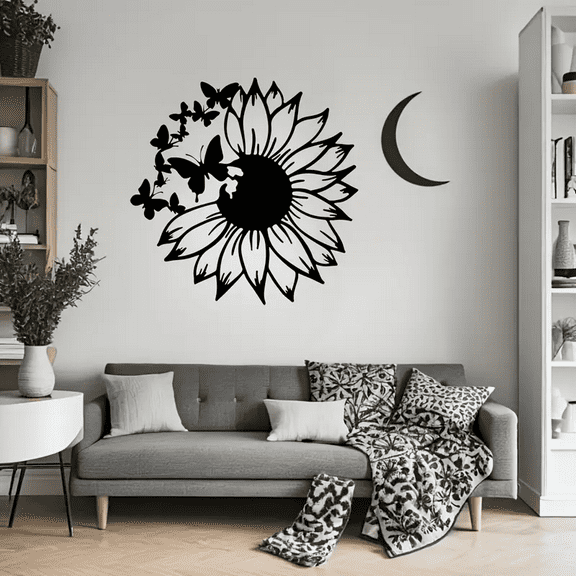 Unique Butterfly Sunflower Metal Wall Art, Vintage Iron Home Outdoor Decor