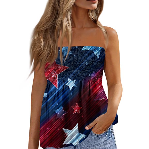 Women’s 250th Anniversary Tube Top Off Shoulder Sleeveless Patriotic Print Lightweight Polyester Casual Beach Party