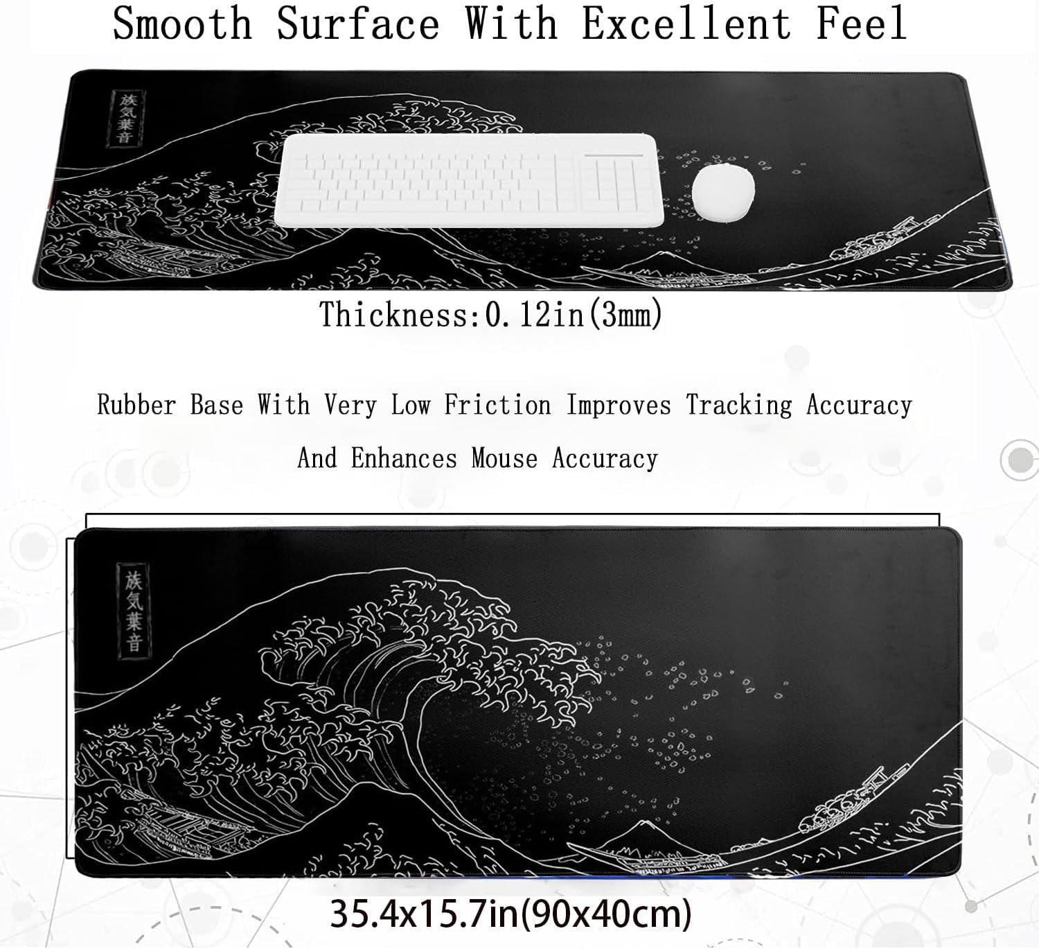 Japanese Sea Wave Mouse Pad XXL Extended Anime Black Gaming Mousepad Large Size Full Desktop Desk Pads Contour Lines Computer Mouse Mat Non-Slip Rubber Base(Size:35.4x15.7in)