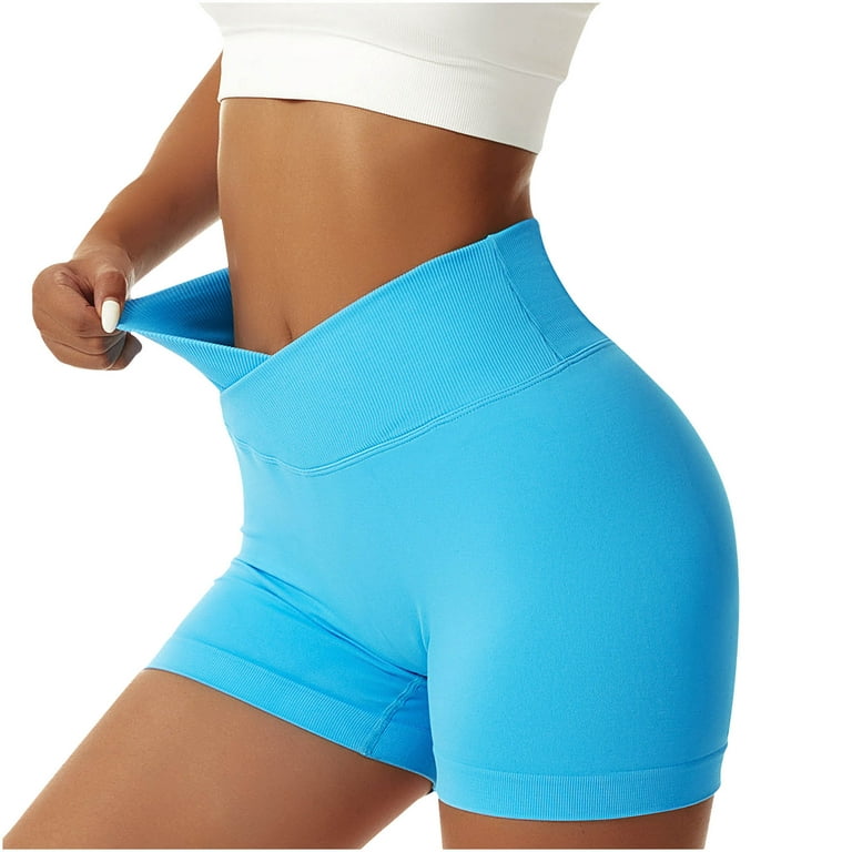 YYDGH Women's Crossover Biker Shorts Workout High Waisted Yoga Athletic  Running Gym Spandex Shorts with Side Pockets Blue L 