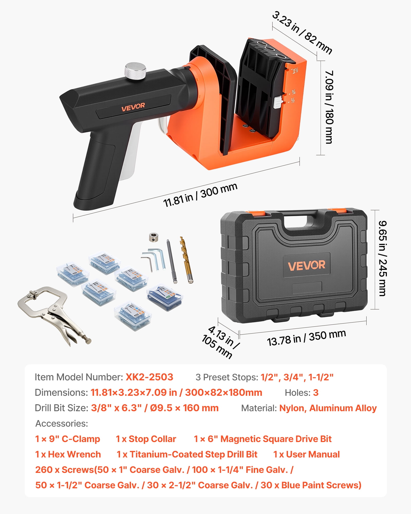 VEVOR Pocket Hole Jig Kit, 1/2", 3/4", 1-1/2" Adjustable, 360° Rotating Handle, Jig Pocket Hole System with 260 Screws, C-Clamp, Stop Collar, Drill Bit, Easy Clamping and Adjusting, for Woodworking