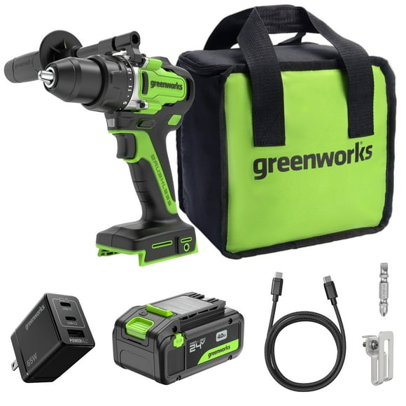 Greenworks 24V Cordless Brushless 800 in-lbs Drill / Driver, Professional Grade,21 Clutch, 4.0Ah USB-C Battery (24,000mAh Power Bank),65W USB-C Fast Charger(3-Port) and USB C to USB C Cable(3.3FT)