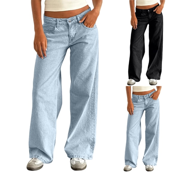 Wutalume Jeans for Women Solid Color Loose Fit, Straight to Wide Leg Casual Denim Pants, Comfortable Versatile Everyday Style,Black L