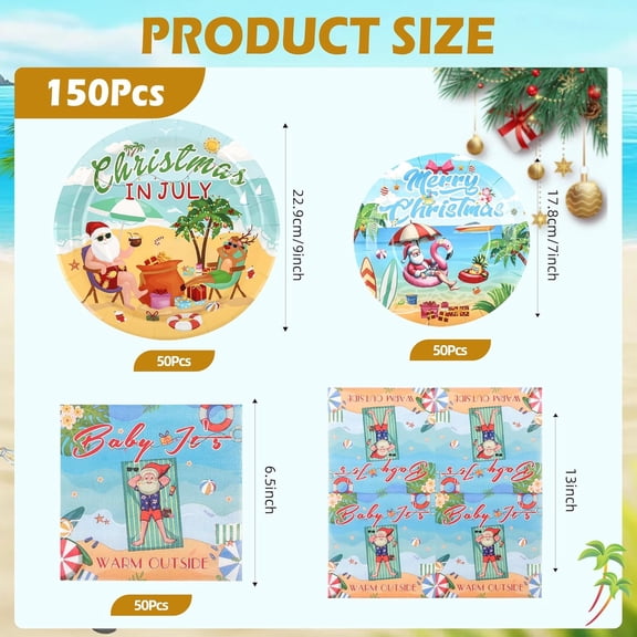 SHILIU-150Pcs Christmas in July Party Decorations Plates Napkins Summer Tropical Hawaiian Christmas Santa Beach Paper Plates for Christmas in July Beach Pool Party Supplies,Serves 50