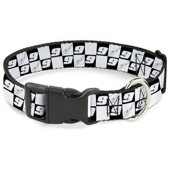 Hendrick Motorsports Pet Collar, Dog Collar Plastic Buckle, HMS Autograph and Checker Logo Black White Blue, 7 to 8.5 Inches 0.5 Inch Wide