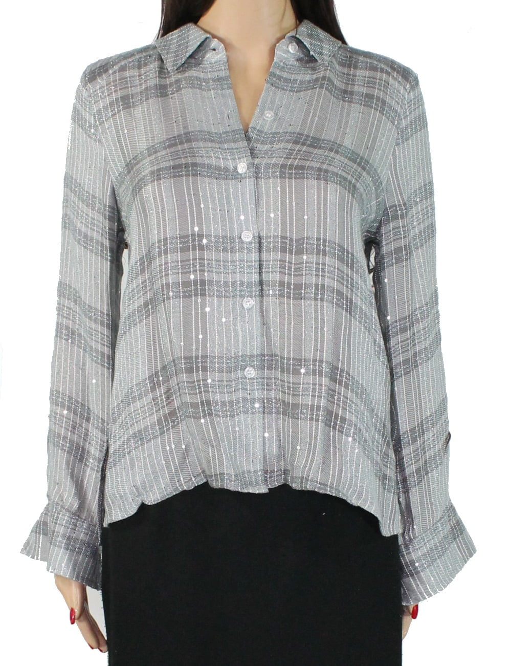 INC Womens Top Medium Button Down Shirt Sequin Plaid M