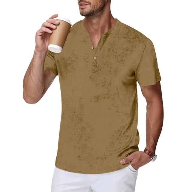 Playera Elvqul para Caballero Manga Corta Economicas Liso Caqui Cuello Redondo Abotonada