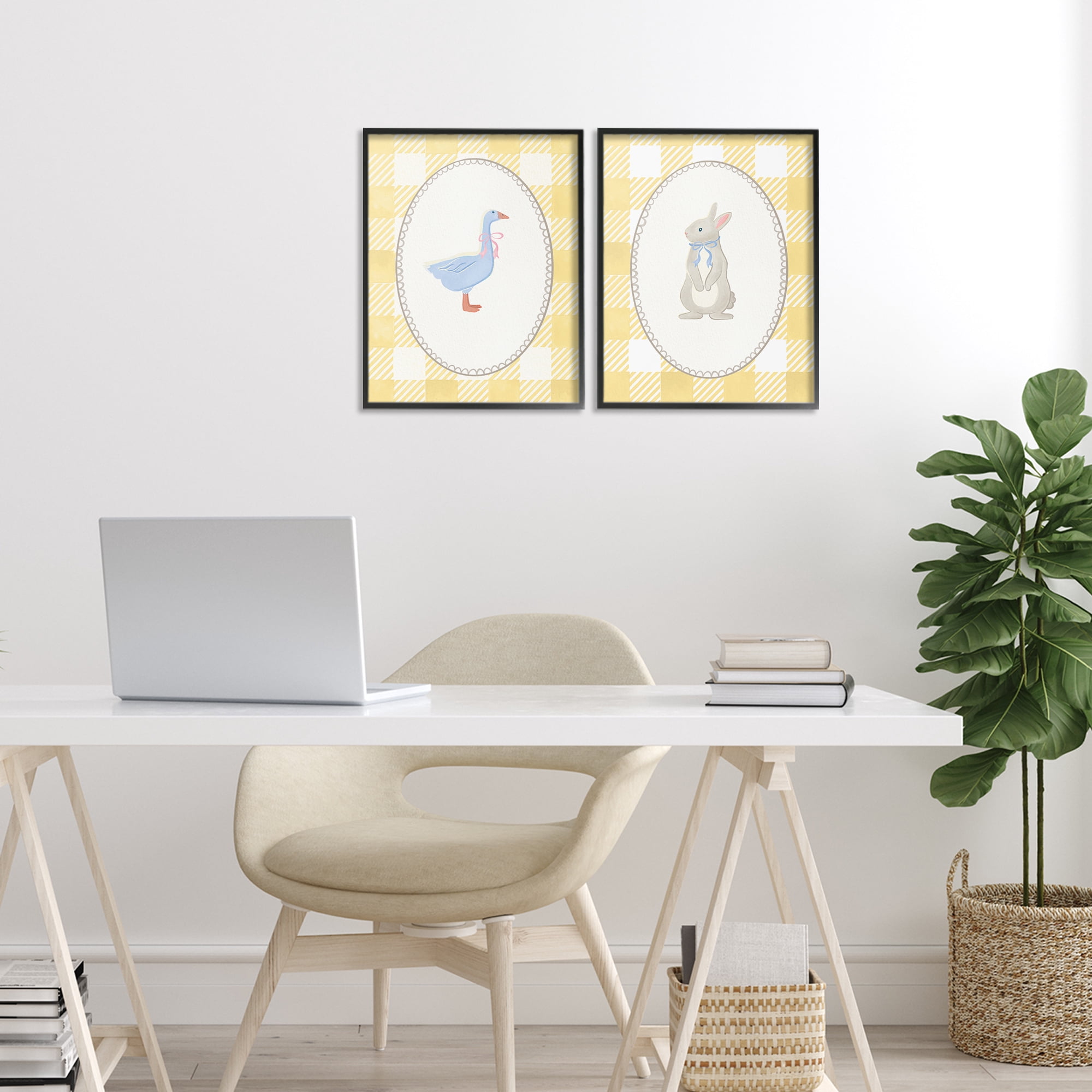 Stupell Industries Goose & Bunny Yellow Gingham 2 Piece Black Framed Giclee Art Set, design by The Paper Curator