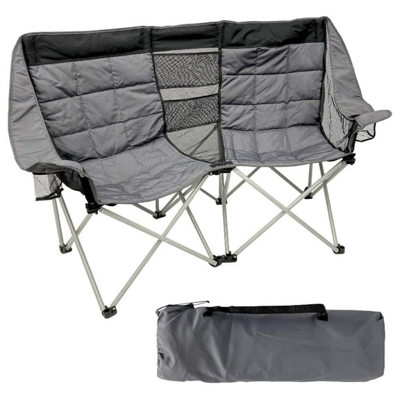 Camping Chair Double Love Seat - Heavy Duty Oversized Padded Beach Chair - Folding Backpack Chair with Cup Holder - Black/Grey Black Grey