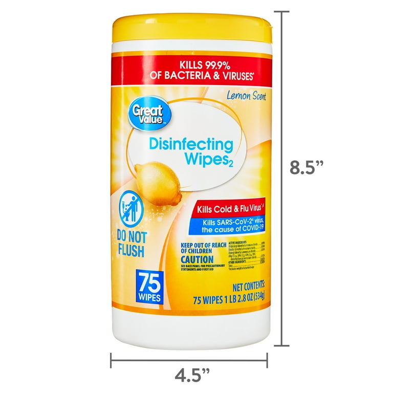 Great Value Lemon Scent Disinfecting Wipes, 75 Count, Kills