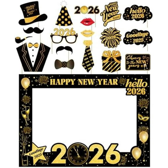 New Years Eve Party Supplies 2026 - Deluxe NYE Photo Booth Props Kit with Giant Glitter Photo Frame, 2026 Glasses (Pack of 20)