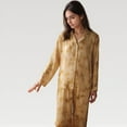 thumbnail image 2 of Women's Satin Pajama Set with Golden Botanical Print Long Sleeve Button Up Top and Relaxed Fit Pants - Medium, Yellow, 2 of 7