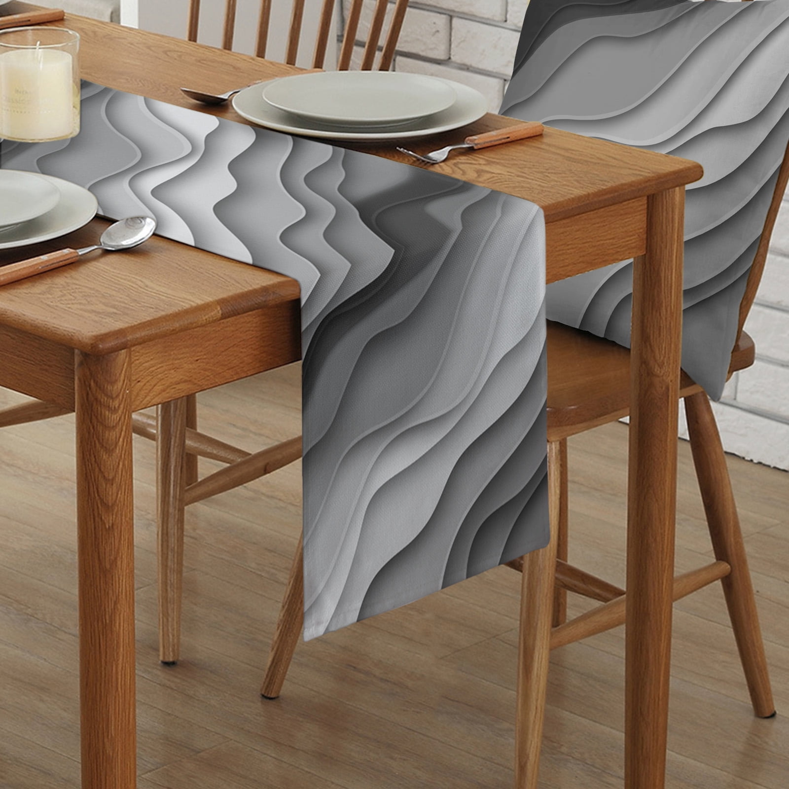 Table Runner Dresser Scarves 90 Inch Long, Gray and White Gradient Ombre Art Linen Dining Table Runners Geometric Abstract Wave Stripes Tabletop Scarf for Wedding Holiday Party Kitchen
