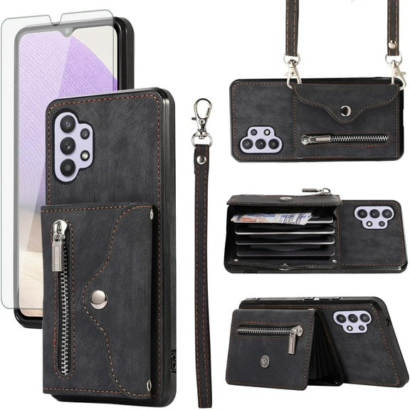 REQO Phone Case for Samsung Galaxy A32 5G 2021 6.5 inch Wallet Cover with Wrist Crossbody Strap Lanyard Credit Card Holder Stand Leather Cell Accessories M32 G5 A 32 32A S32 SM-A326U A326U Women Black