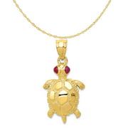 Carat In Karats 14K Yellow Gold Turtle With Ruby Eyes Pendant (26mm X 14mm) on a 18 Inch 14K Gold Rope Chain Necklace