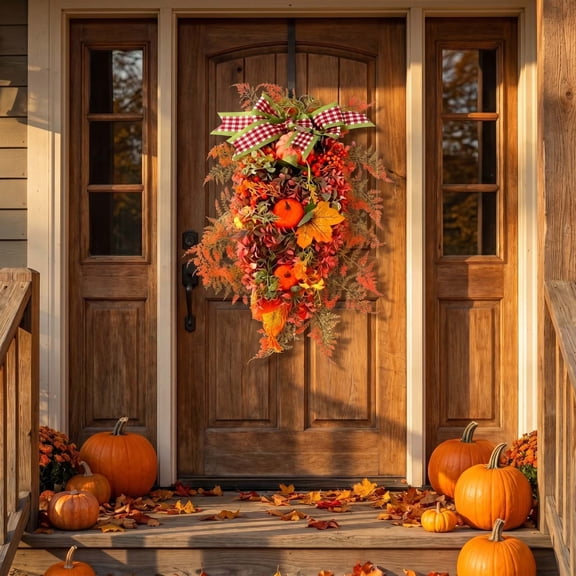 Fall Teardrop Front Door Swag Wreath, Artificial Pumpkin Maple Leaf Door Decor with Plaid Bow, Rustic Harvest Teardrop Wreath for Porch Wall Entryway, Thanksgiving Farmhouse Home Autumn Decoration