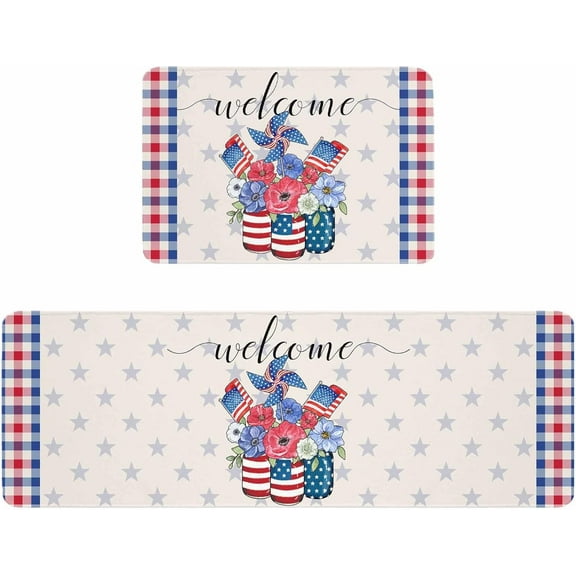 Kitchen Rugs and Mats,July Patriotic US Flag Floral Pinwheel 2 Piece Anti Fatigue Area Runner Rug Set Comfort Standing Floor Mat,Stars Red Blue Check Non Slip Absorbent Doormats for Laundry/Bathroom