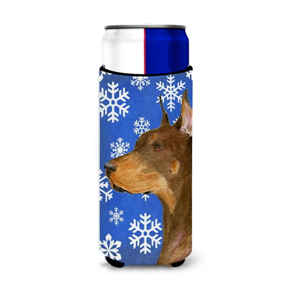 Doberman Winter Snowflakes Holiday Ultra Hugger for slim cans