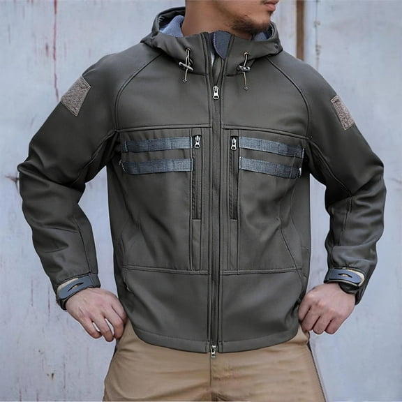 gbyLJF Men's Hooded Work Jacket Solid Color Outdoor Sports Cotton-padded Jacket Windproof Waterproof Zipper Multi-pocket Coats