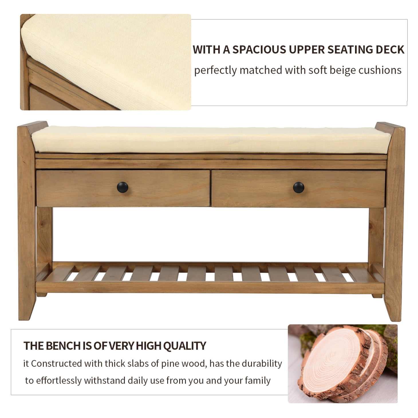 Upholstered Shoe Rack Bench with Cushioned Seat, Storage Drawers and Bottom Shelf, Wooden Entryway Shoe Bench with Legs, Narrow Rectangular Storage Bench for Entryway Laundry Room, Old Pine