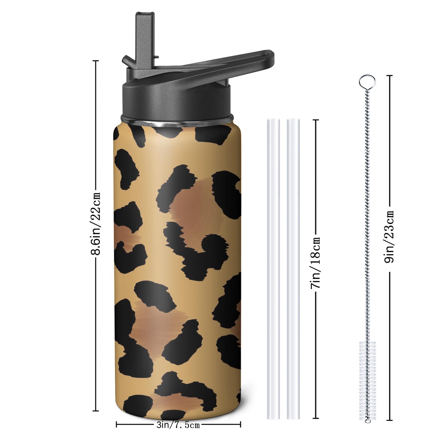 Leopard Print Insulated Stainless Steel Water Bottle with Straw & Cleaning Brush – 18 Oz | Leakproof, BPA-Free, 304 Stainless Steel, Wide Mouth, Travel Mug for Car, Gym, Office