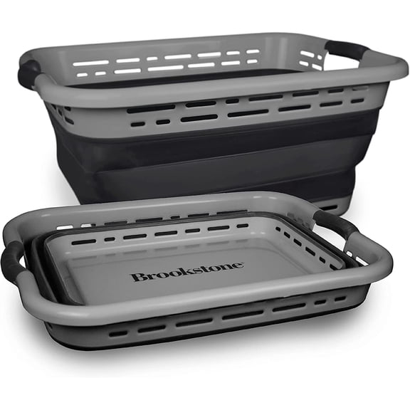 Brookstone Slim Collapsible Laundry Basket, Space Saving Folding Hamper, Dark Gray