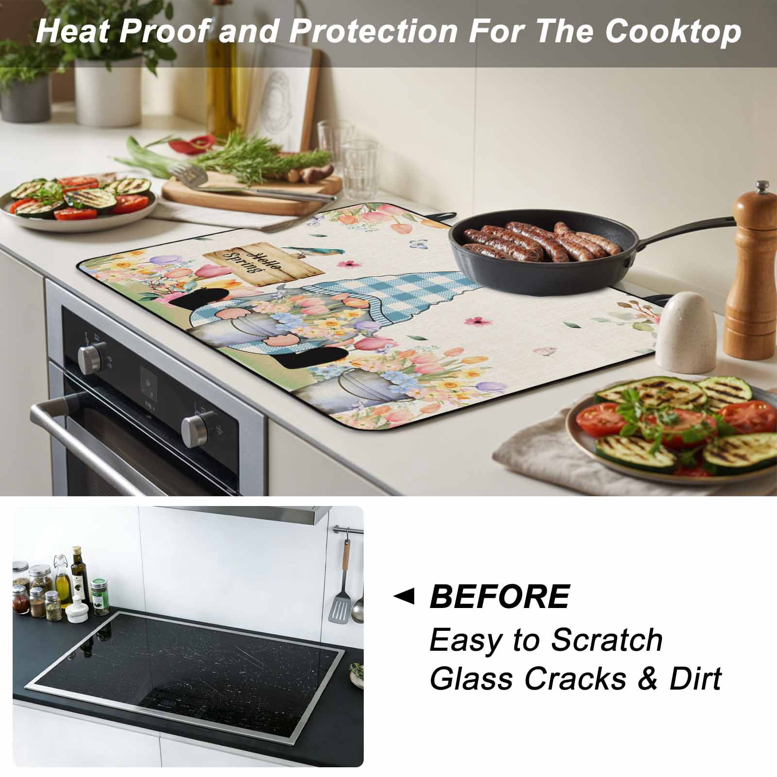 Spring Gnomes Floral Stove Top Cover for Electric Stove, Heat-proof & Non Slip Glass Top Stove Cover Protector, Pink Tulip Botanical Beige Burlap Kitchen Flat Cooktop Rubber Mat 24x21 Inches