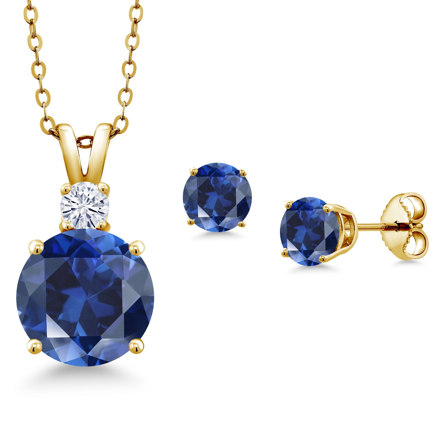 Gem Stone King 18K Yellow Gold Plated Silver Round Blue Simulated Sapphire and White Moissanite Pendant and Earrings Jewelry Set for Women (5.02 Cttw, Gemstone Birthstone, with 18 inch Chain)