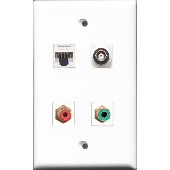 RiteAV - 1 Port RCA Red and 1 Port RCA Green and 1 Port BNC and 1 Port Cat5e Ethernet White Wall Plate
