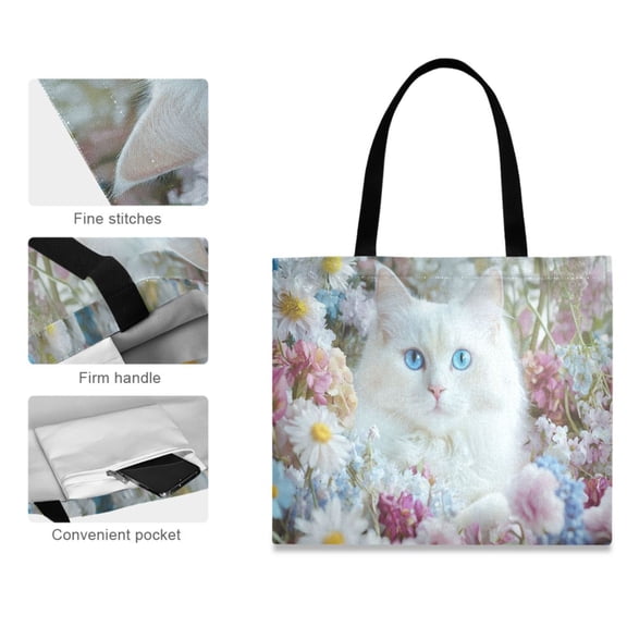 Canvas Tote Bag for Women Girls Design Print White Cat with Blue Eyes Tote