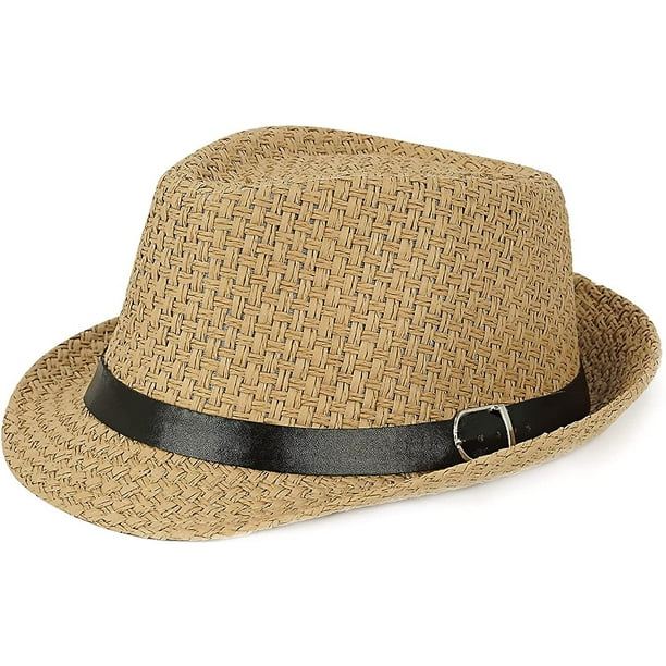 Summer Straw Fedora Hat Short Brim Panama Sun Hat Trilby Beach Hat For Men  & Women, Khaki, M